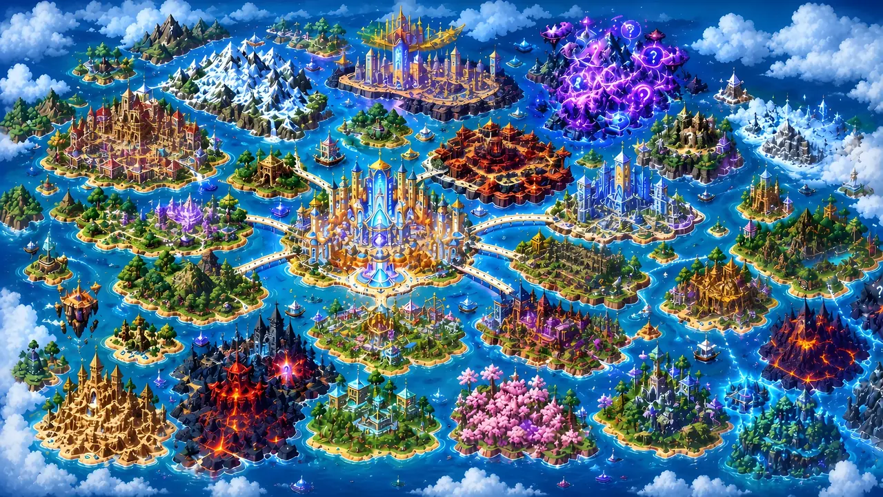 A preview of the G-Nook world map: islands, cities and realms around G-Nook Central